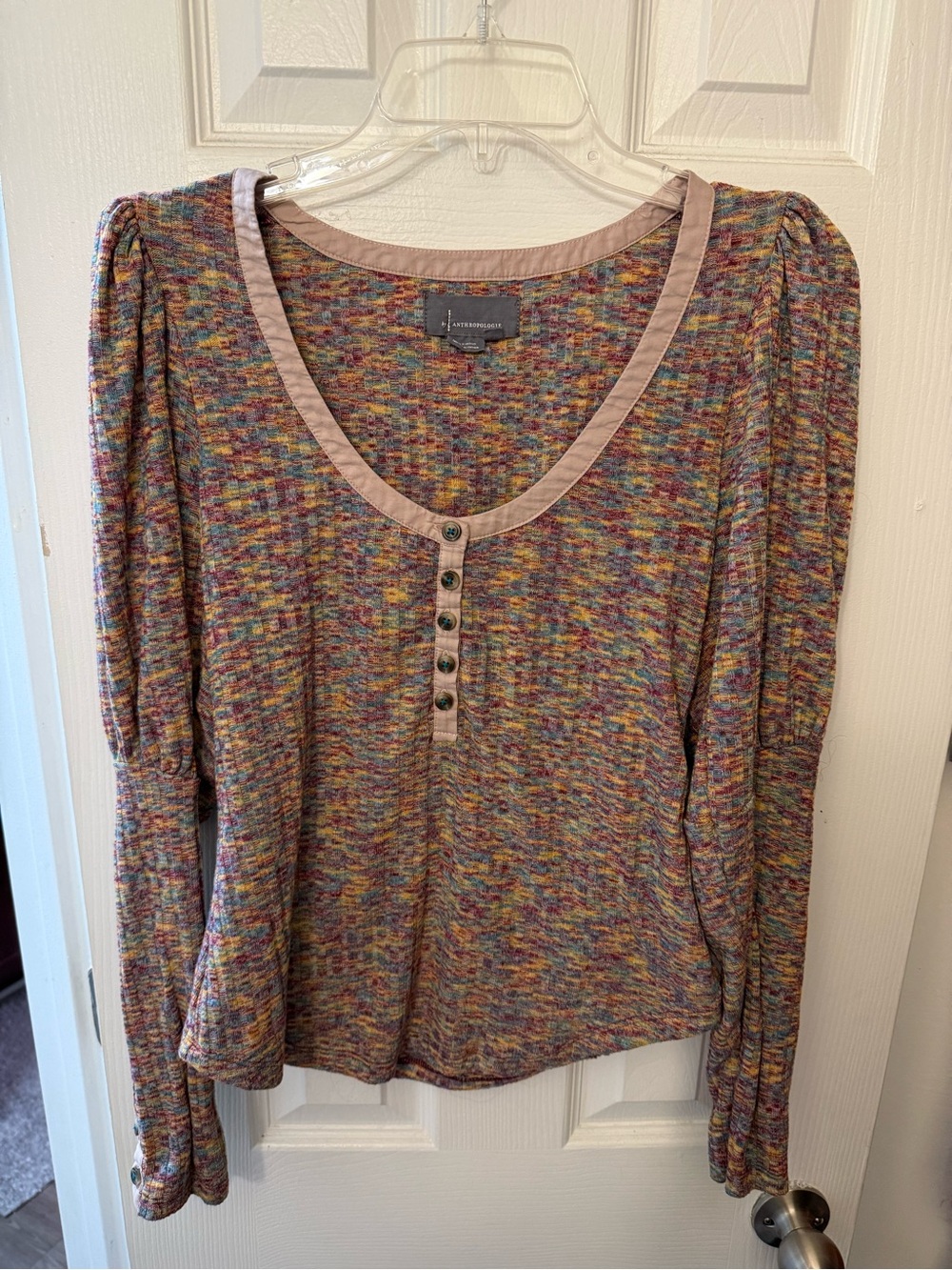 Anthropologie Multicolor Speckled Henley Top with Taupe Trim